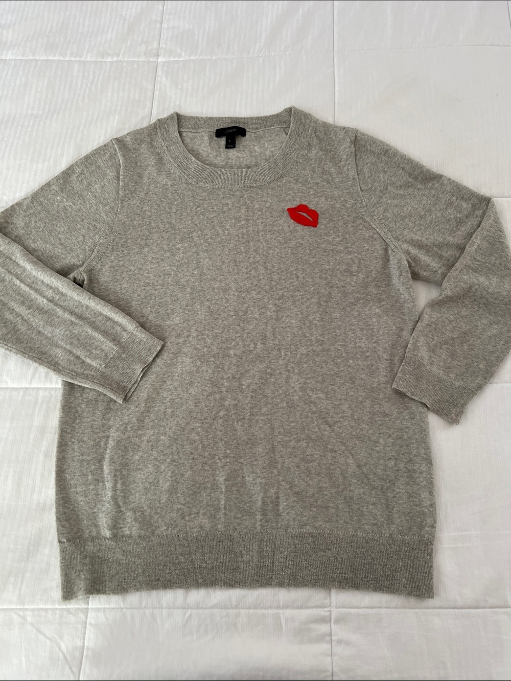 J. Crew Gray Crewneck 100% Merino Wool Sweater with Red Lip Patch
